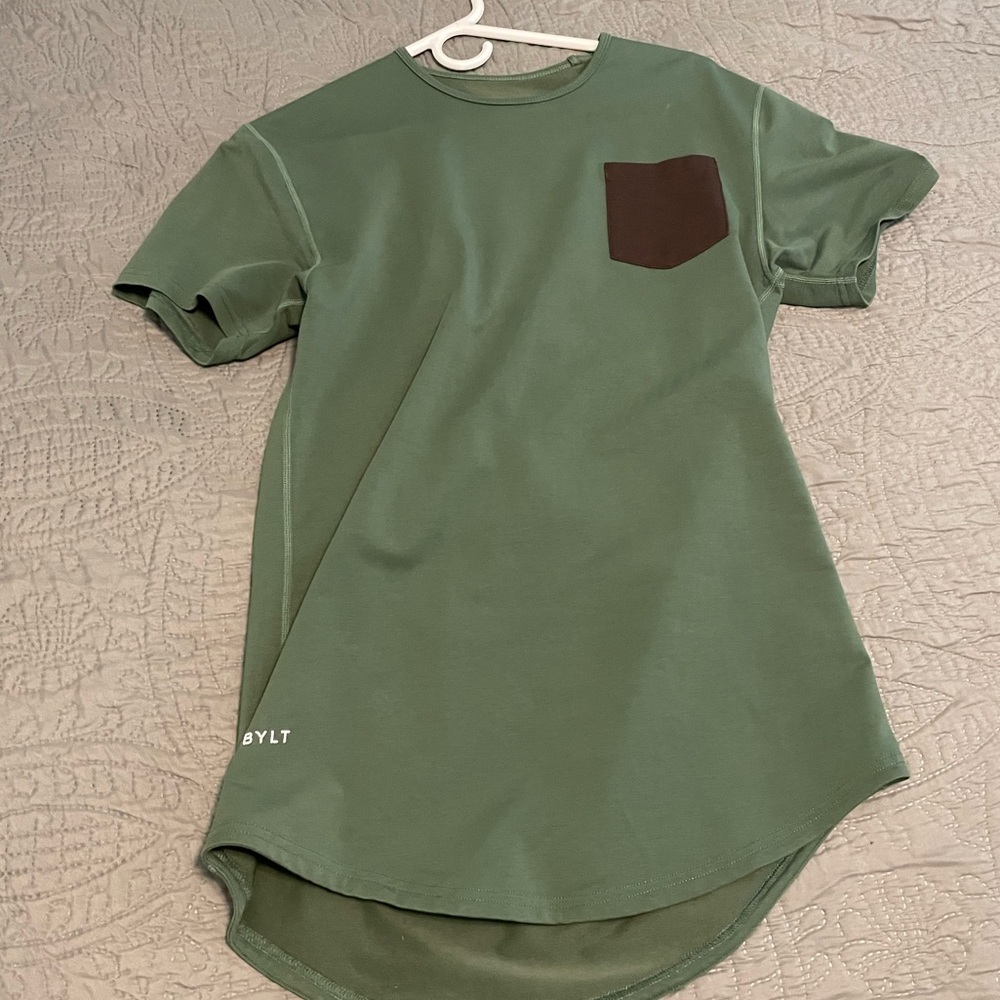 BYLT men’s shirt- size small- color green with brown pocket